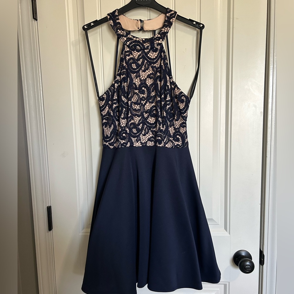 B. Darlin Lacy Navy Blue and Tan Formal Dress